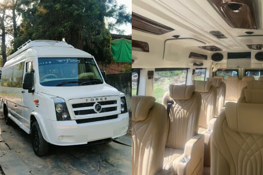 Spacious leather seats inside 12-seater luxury tempo traveller